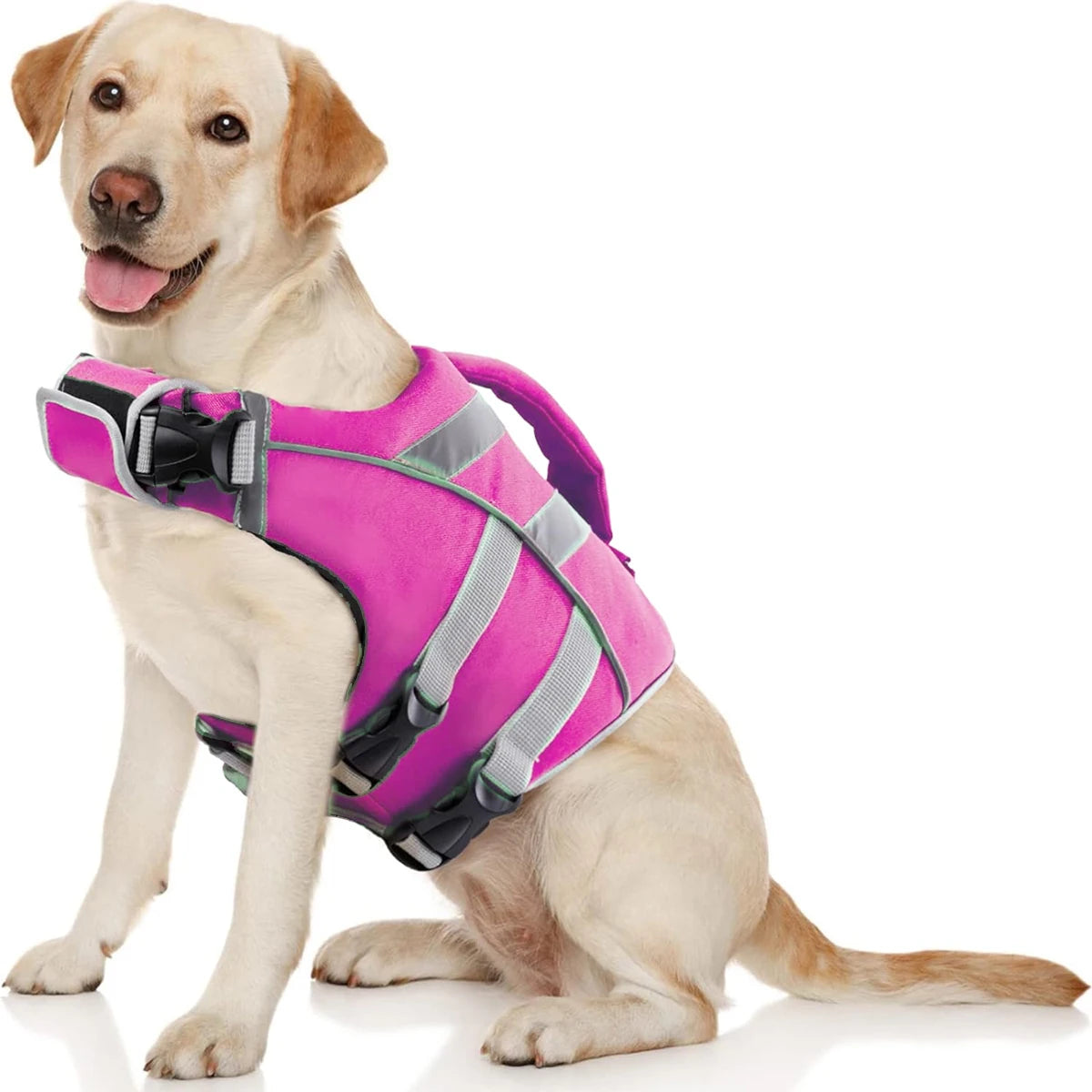 Rose red waterproof dog life jacket with reflective stripes and extra stick, premium polyester safety vest for dogs