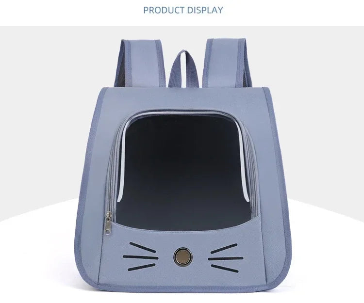Breathable pet carrier backpack for cats and small dogs, portable nylon shoulder carrier bag with zipper and cat face design.