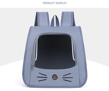 Breathable pet carrier backpack for cats and small dogs, portable nylon shoulder carrier bag with zipper and cat face design.
