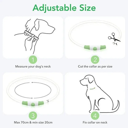 Adjustable LED dog collar light for measuring, cutting, and fitting a glowing safety collar on dogs