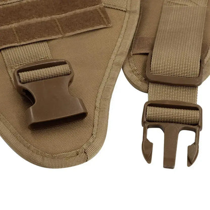 tactical dog harness with quick-release buckles, adjustable straps, and padded military-style fit for large dogs