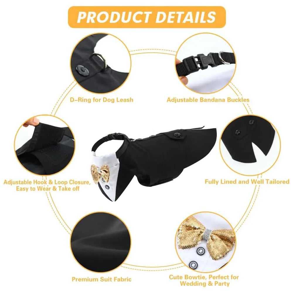 pet tuxedo outfit black dog formal wear with bowtie, adjustable collar, and leash D-ring for party events