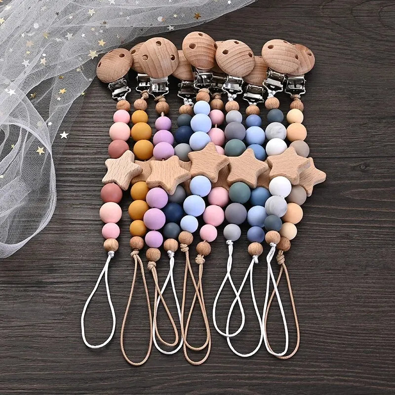 wooden pacifier clip teether baby pacifier chain with wood star beads and silicone round beads for soothing teething