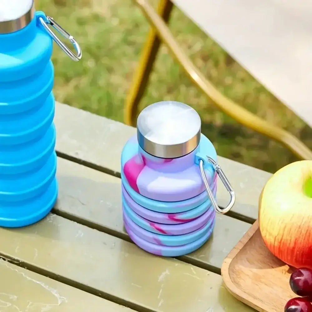 collapsible water bottle with carabiner, foldable leak-proof travel bottle for gym, camping, and hiking