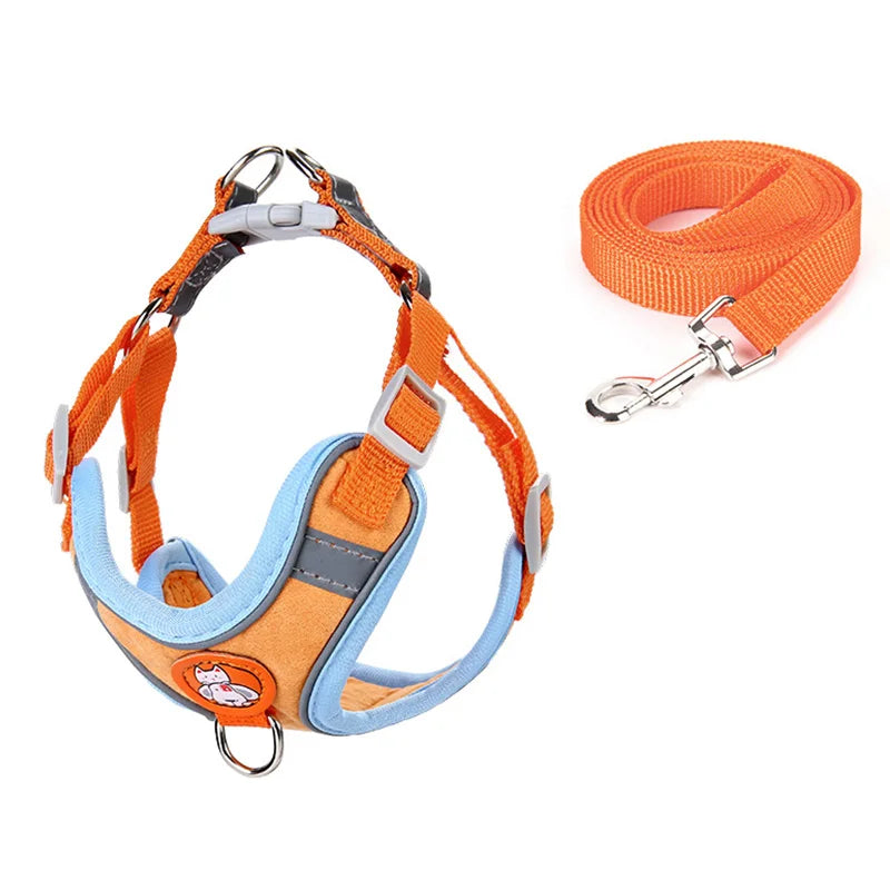Orange adjustable reflective dog vest harness with cat and dog design, buckle vest harness and matching leash, XS-XL