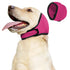 Yellow dog wearing pink dog ear protection headwrap with Velcro closure