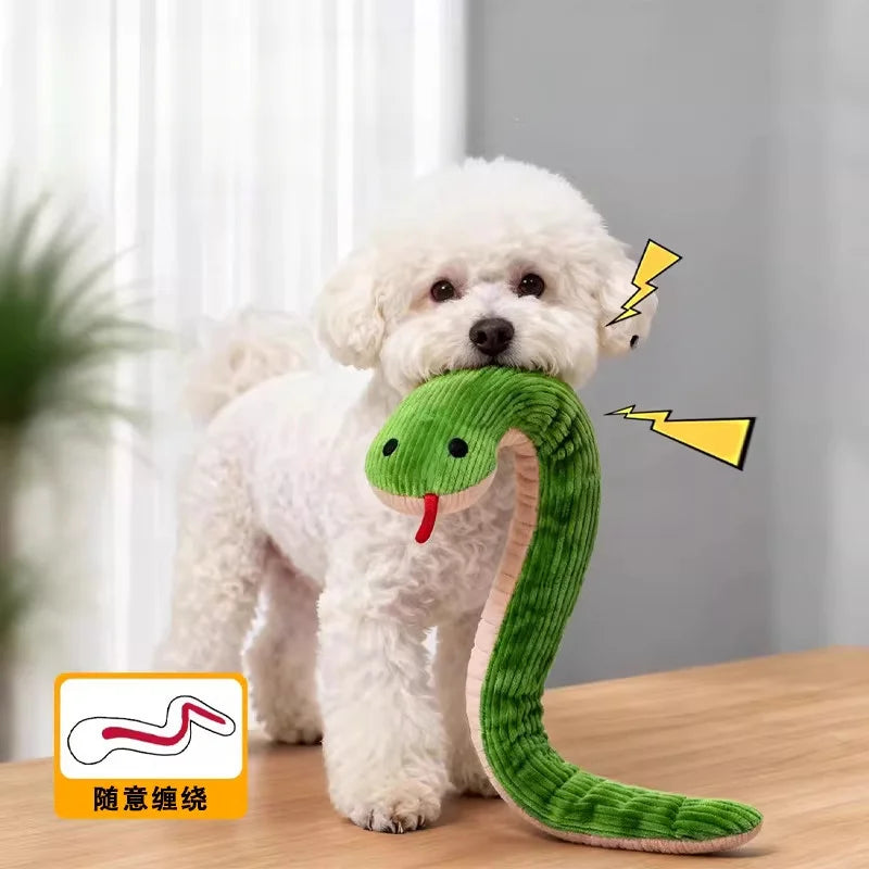 White puppy chewing a plush snake pet chew toy with sound for teeth cleaning, plush snake pet chew toy