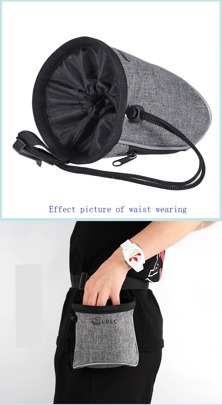 Dog Treat Training Pouch Easily Carries Pet Toys, Kibble, Treats Built In Poop Bag Dispenser Outdoor Dog Trainings Bag in use.