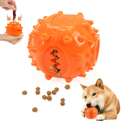 Orange spiked dog treat ball toy with kibble, shown with a dog chewing and treat insertion demo.