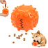 Orange spiked dog treat ball toy with kibble, shown with a dog chewing and treat insertion demo.