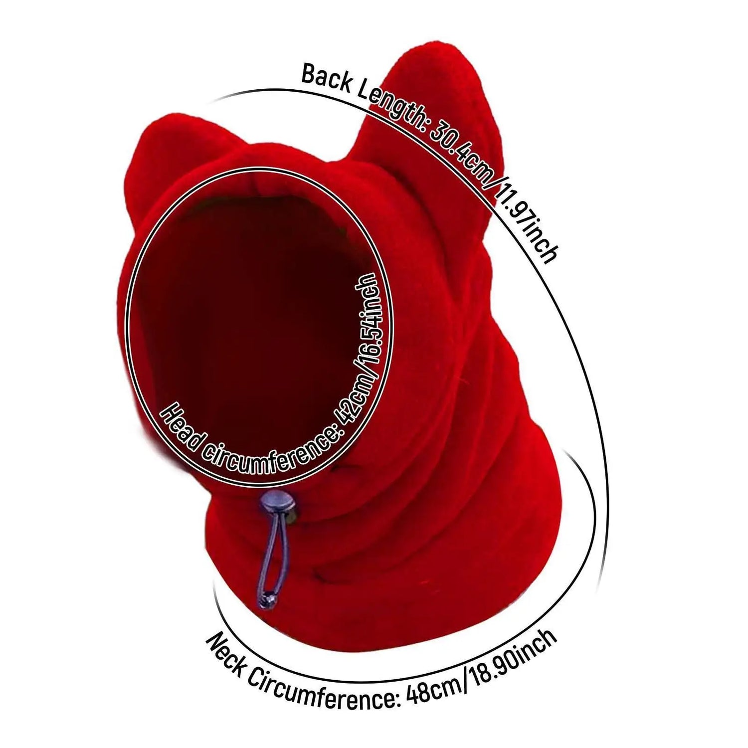 Red dog hoodie with ear design, adjustable drawstring, and size measurements for neck, head, and back.