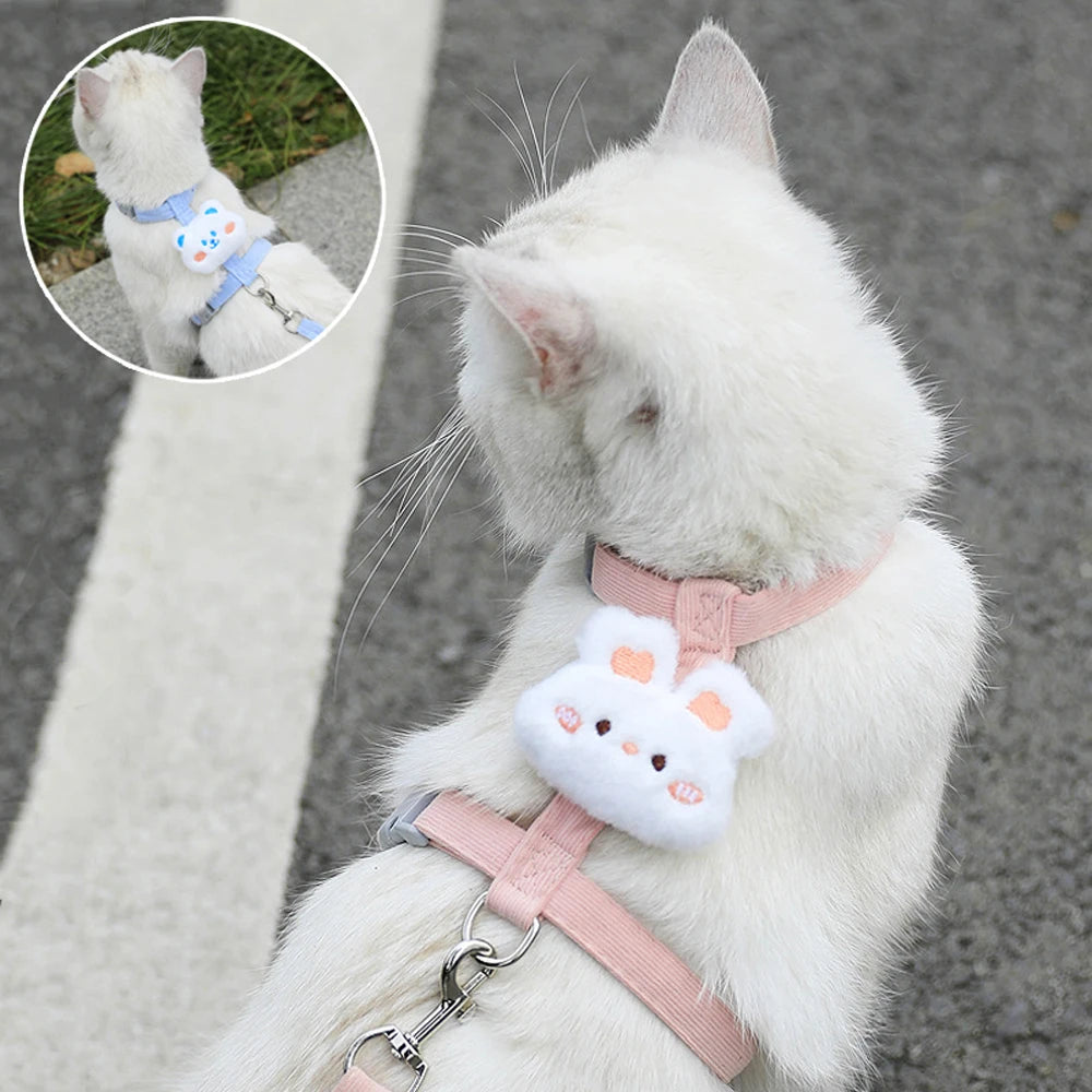 Adjustable small dog harness leash set for cats and puppies, breathable pink pet harness with cute plush accessory