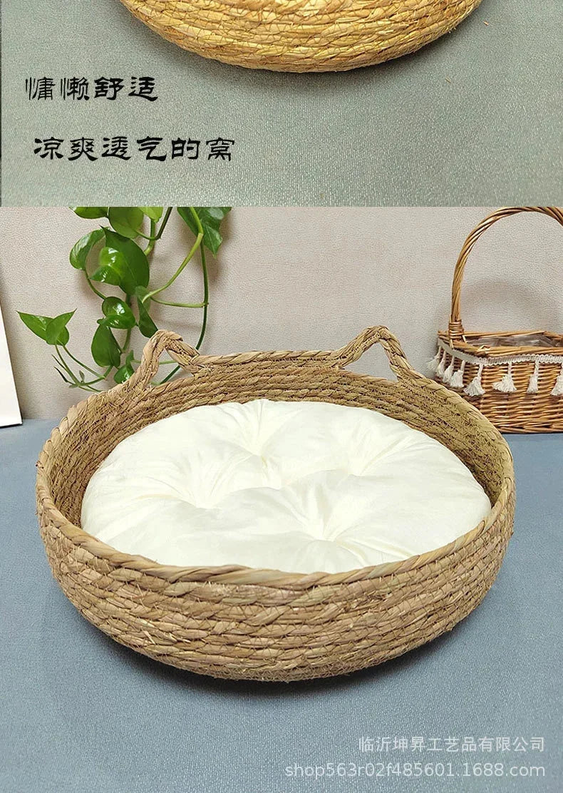 rattan cat basket bed with soft cushion, round donut design cozy warm sleeping nest for cats and small dogs