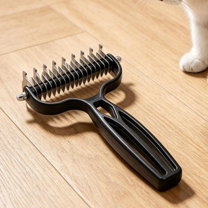 pet deshedding brush with stainless steel blades for removing loose dog and cat fur on hardwood floor