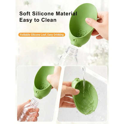 portable dog water bottle with foldable silicone leaf design, leak-proof pet travel bowl for easy outdoor drinking