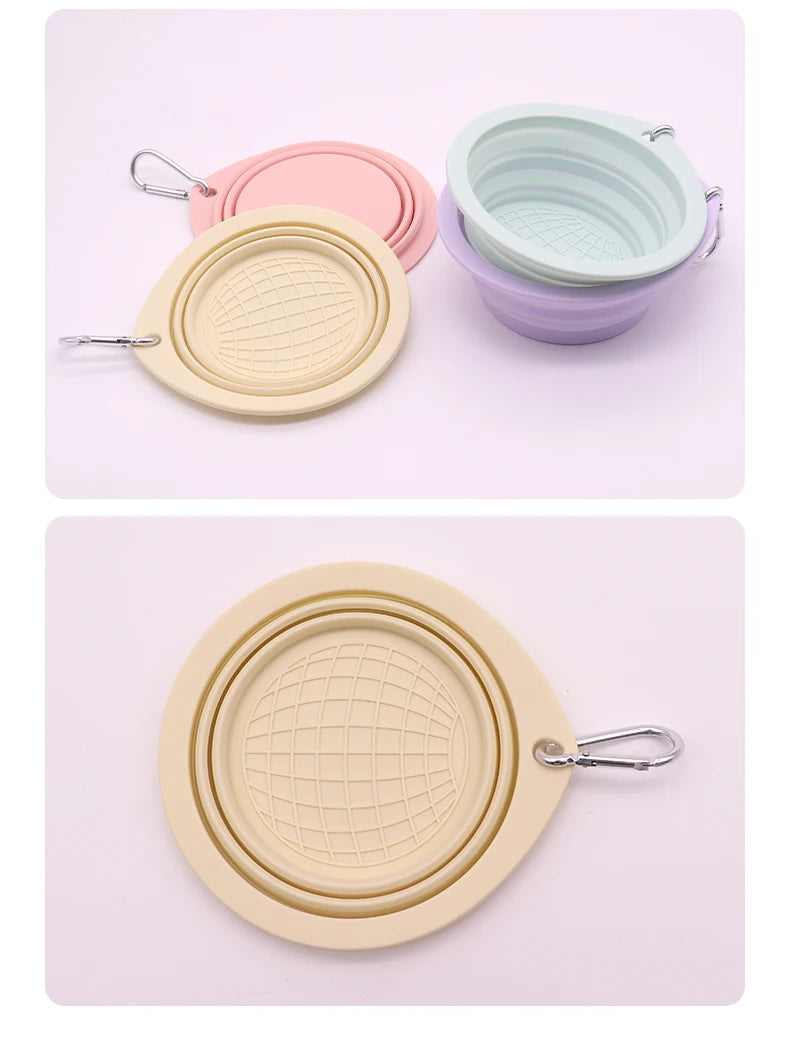 Collapsible Pet Silicone Dog Food Water Bowl  Macaron Color Outdoor Travel Portable Folding Supplies Dishes with Carabiner