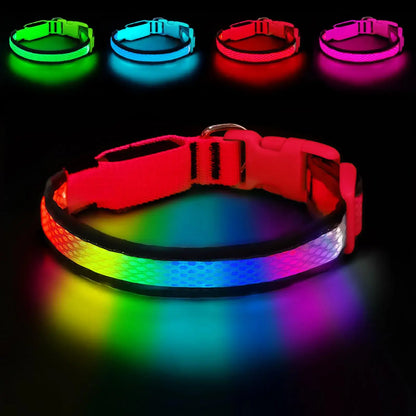 USB rechargeable LED dog collar red adjustable soft nylon RGB 7 colors light up glowing pet safety collar