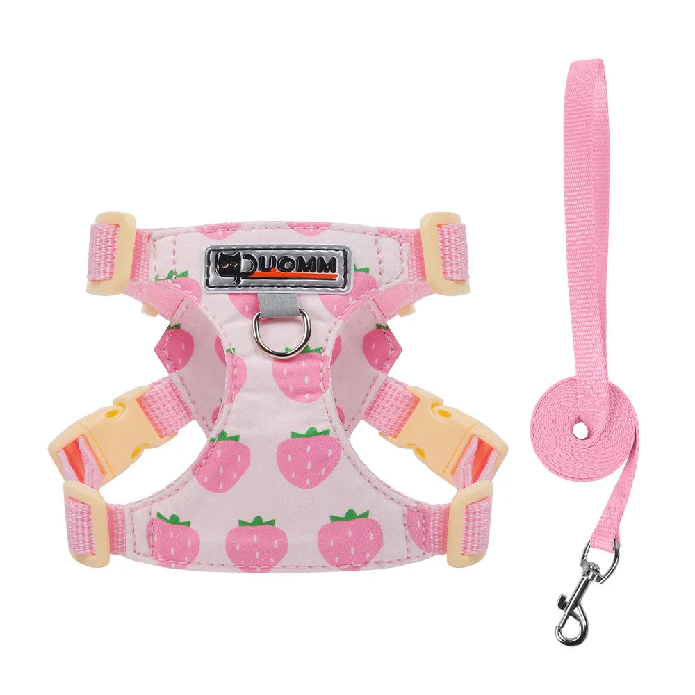 puppy print dog harness and leash set pink strawberry padded no pull buckle vest for small medium dogs