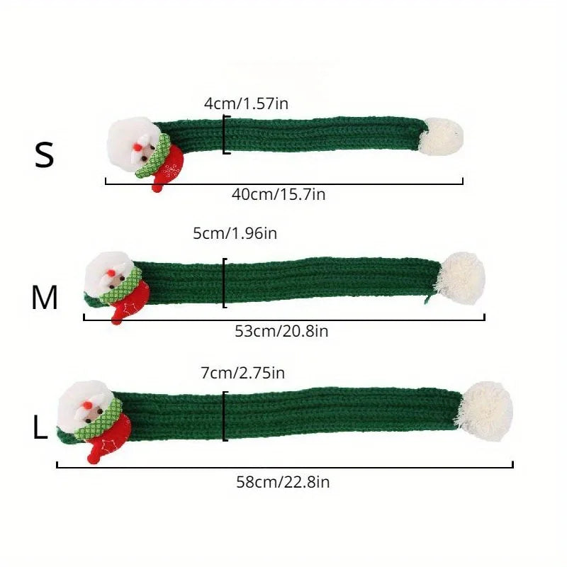 Three green Christmas dog toys with Santa heads and pom-pom ends, shown in small, medium, and large sizes with measurements.