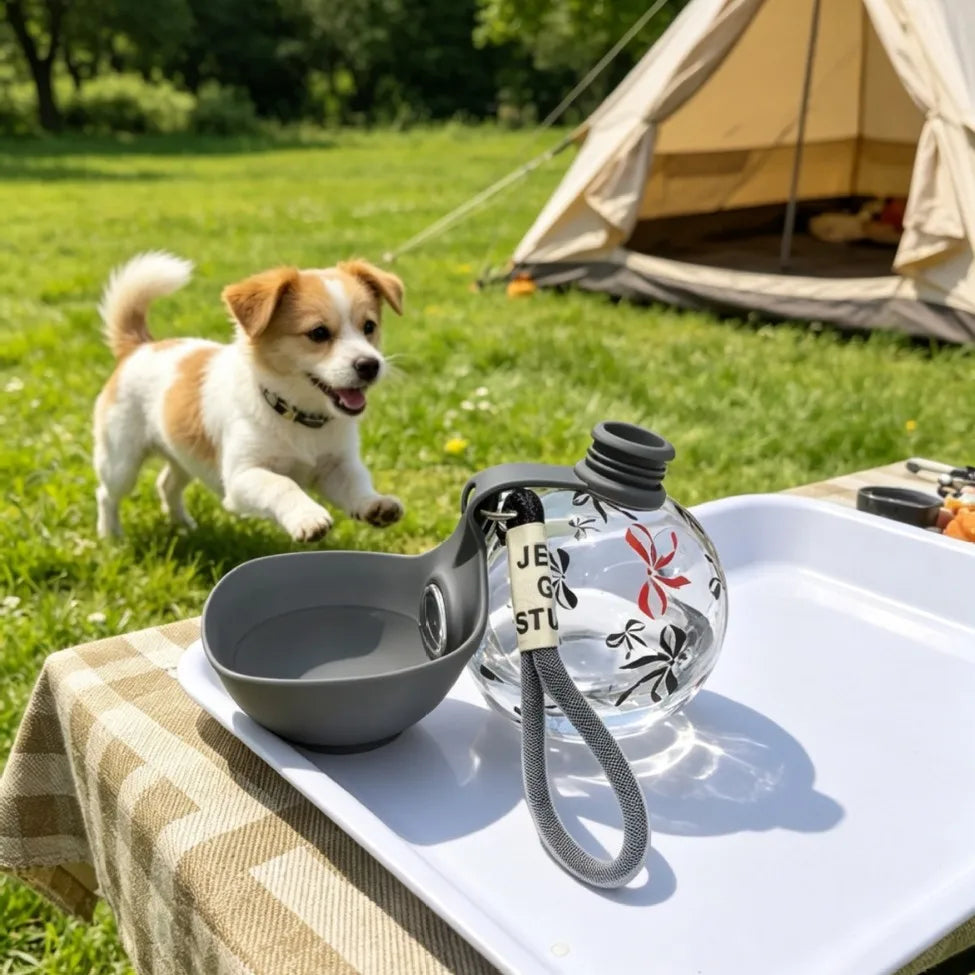 portable dog water bottle with silicone bowl for outdoor camping and travel, leak-proof pet hydration dispenser