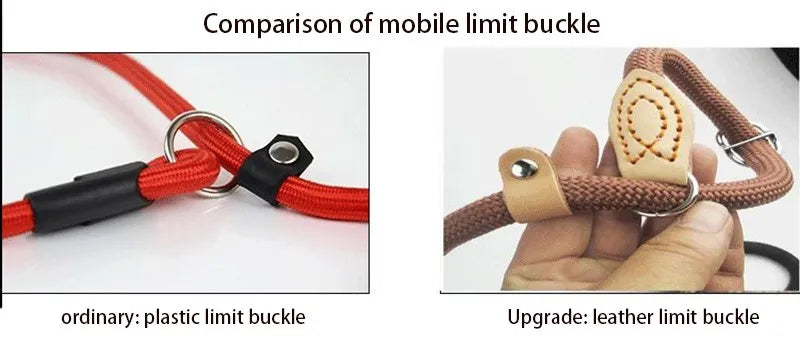 Comparison image showing ordinary plastic limit buckle and upgraded leather limit buckle for dog leashes.