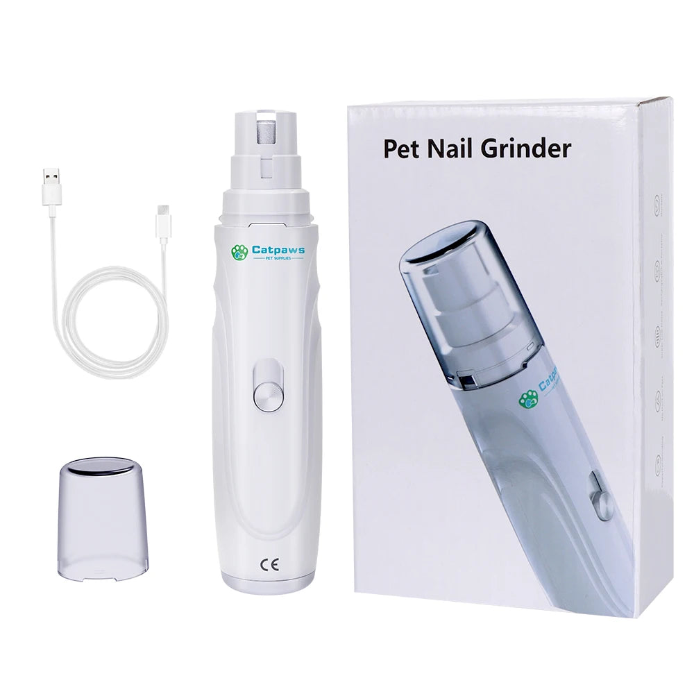 usb rechargeable dog nail grinder white quiet 2-speed pet nail trimmer with USB cable, cap, and box