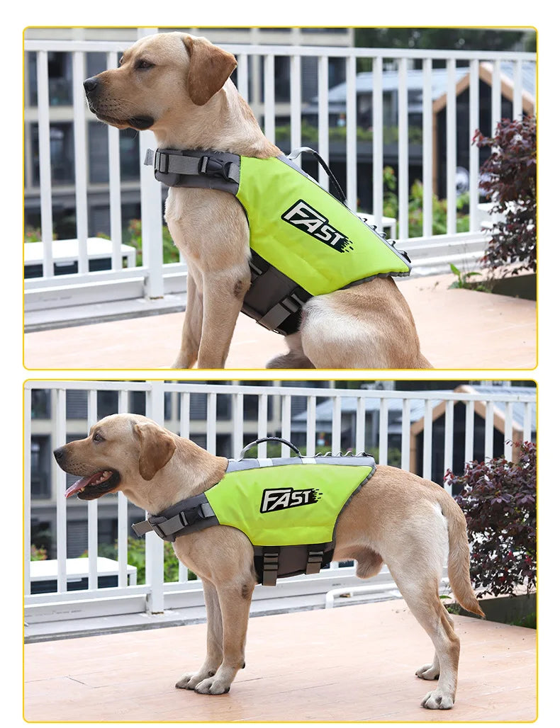 Green dog life jacket for swimming with adjustable straps and reflective safety design for pool, surf, and drifting
