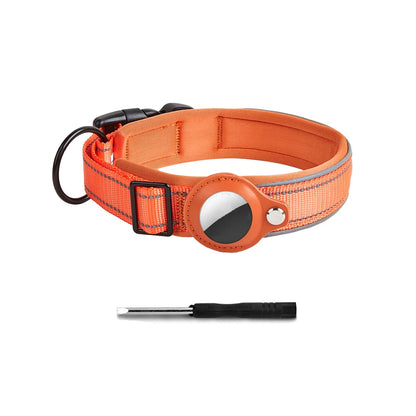 Orange adjustable dog collar with AirTag holder and metal ring, includes small screwdriver.