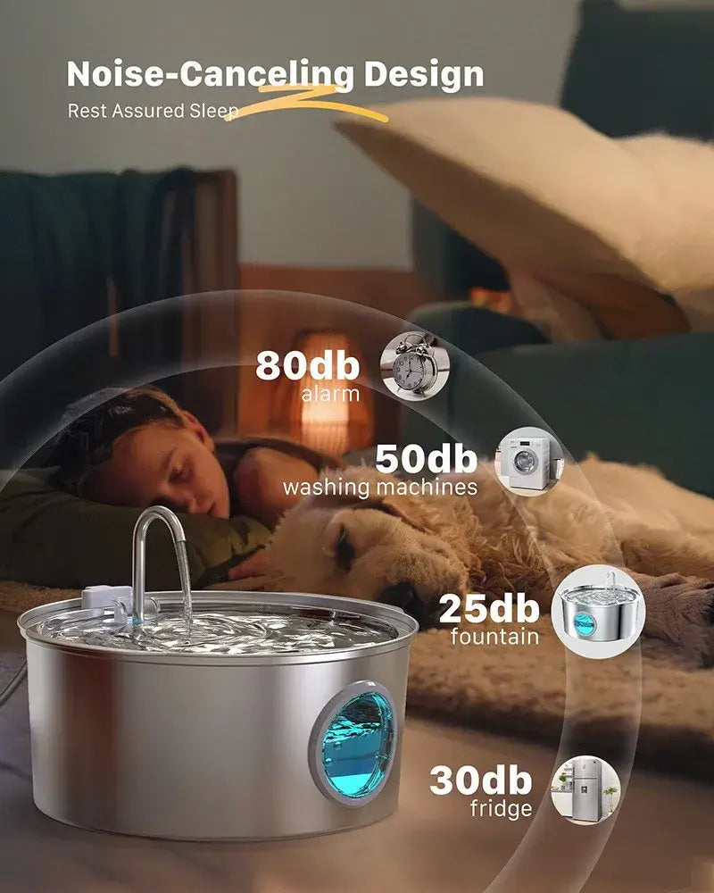 stainless steel pet water fountain with 25dB noise-canceling design, visible water level, and quiet stainless steel bowl