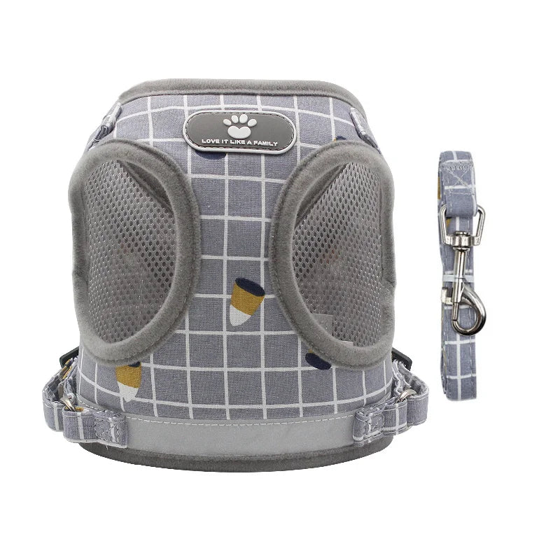 adjustable cat and small dog harness and leash set gray plaid mesh breathable vest with reflective buckle, ships from China Mainland