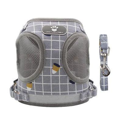 adjustable cat and small dog harness and leash set gray plaid mesh breathable vest with reflective buckle, ships from China Mainland