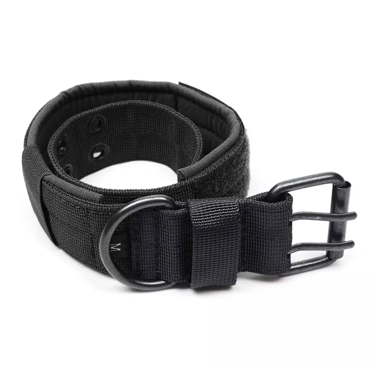 Black reflective tactical dog collar with heavy-duty nylon, quick release buckle, and adjustable fit for training and all breeds