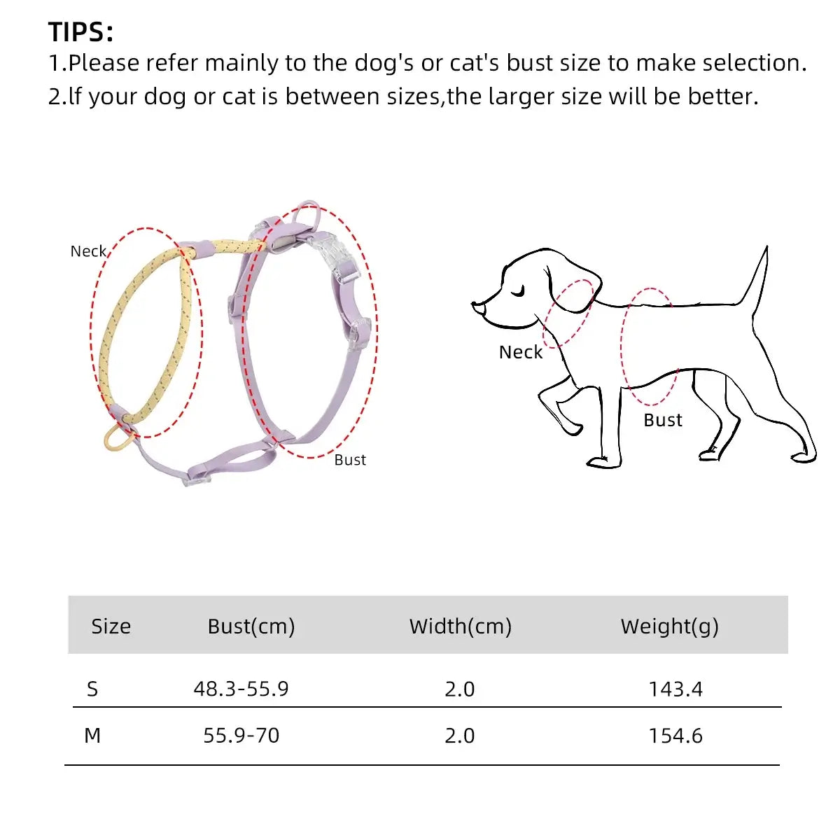 cooling no pull dog harness sizing guide showing neck and bust measurements for small and medium dogs