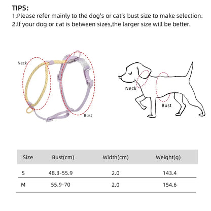 cooling no pull dog harness sizing guide showing neck and bust measurements for small and medium dogs