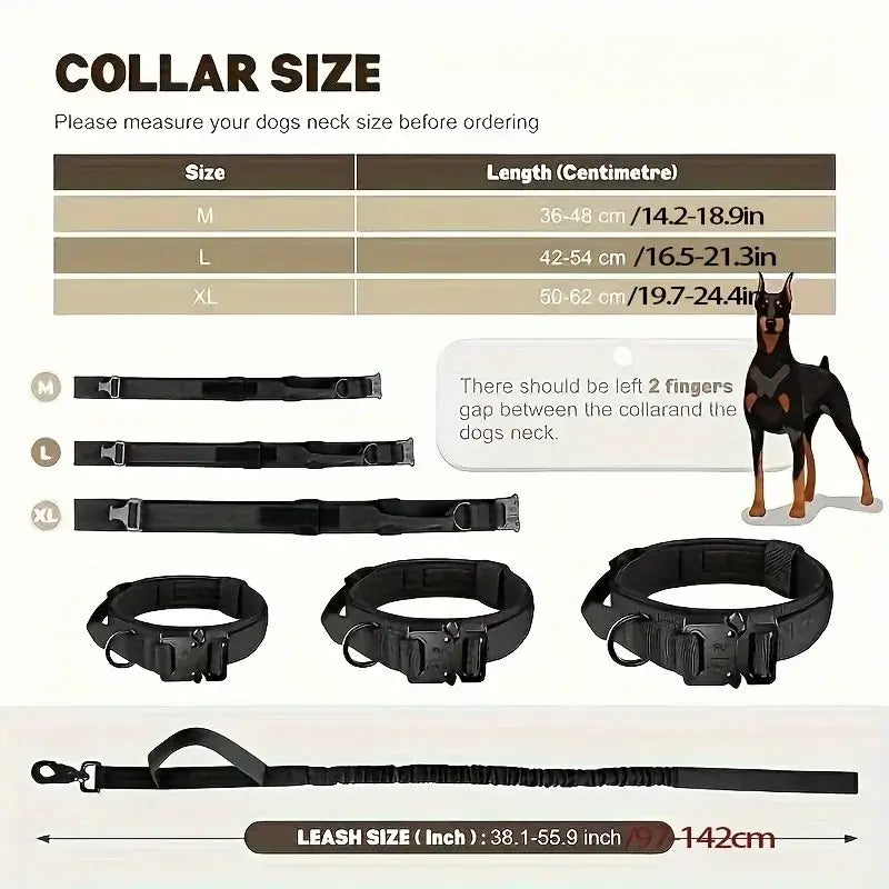 large dog training collar and leash adjustable padded nylon collar with size chart for medium large and XL dogs