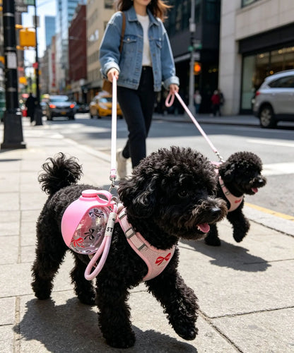 portable dog water bottle on two black poodles during an urban walk
