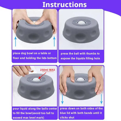 slow feeder dog bowl instruction guide showing how to fill and press the anti-overflow dog licking bowl