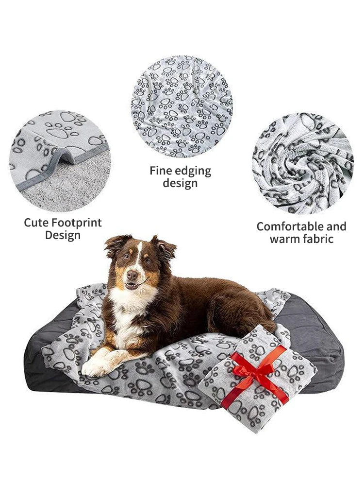 washable soft dog blanket with cute footprint design, warm fabric, and gray pet bed for dogs and cats