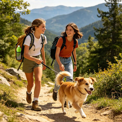 portable dog water bottle for hiking with two women walking a dog on a mountain trail