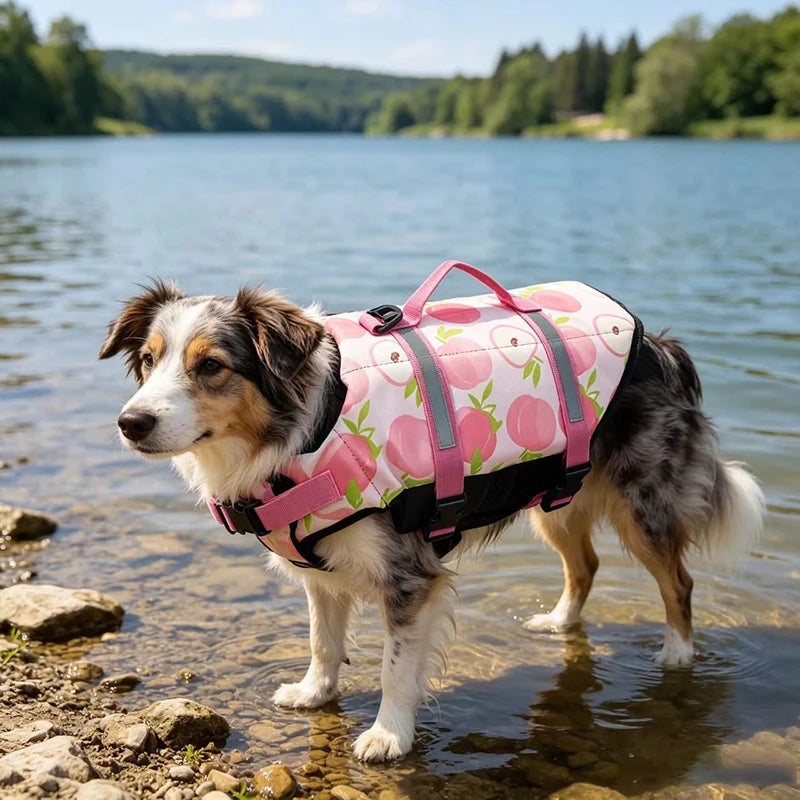 reflective adjustable dog life jacket for large dogs, pink buoyancy vest for safe swimming, surfing, and boating