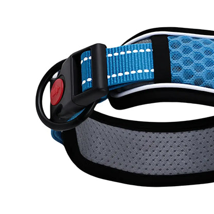 Reflective adjustable dog collar with breathable mesh, durable buckle, and blue strap for small to large dogs