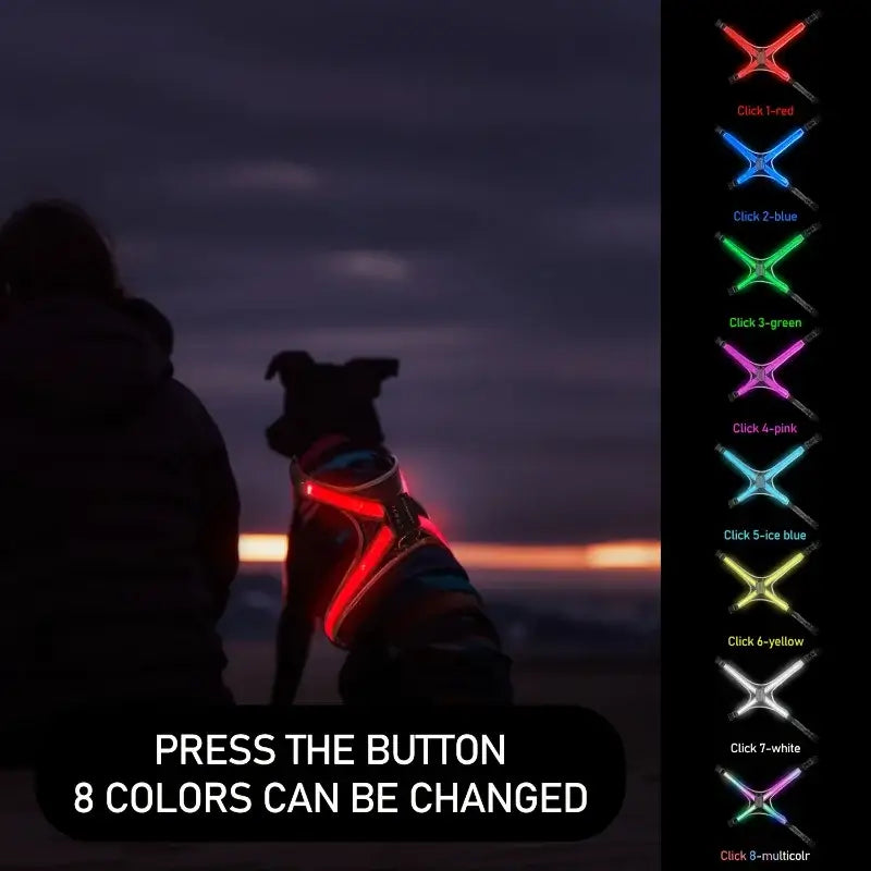 LED dog harness with 8 color changing lights for night safety, rechargeable flashing pet vest for dogs