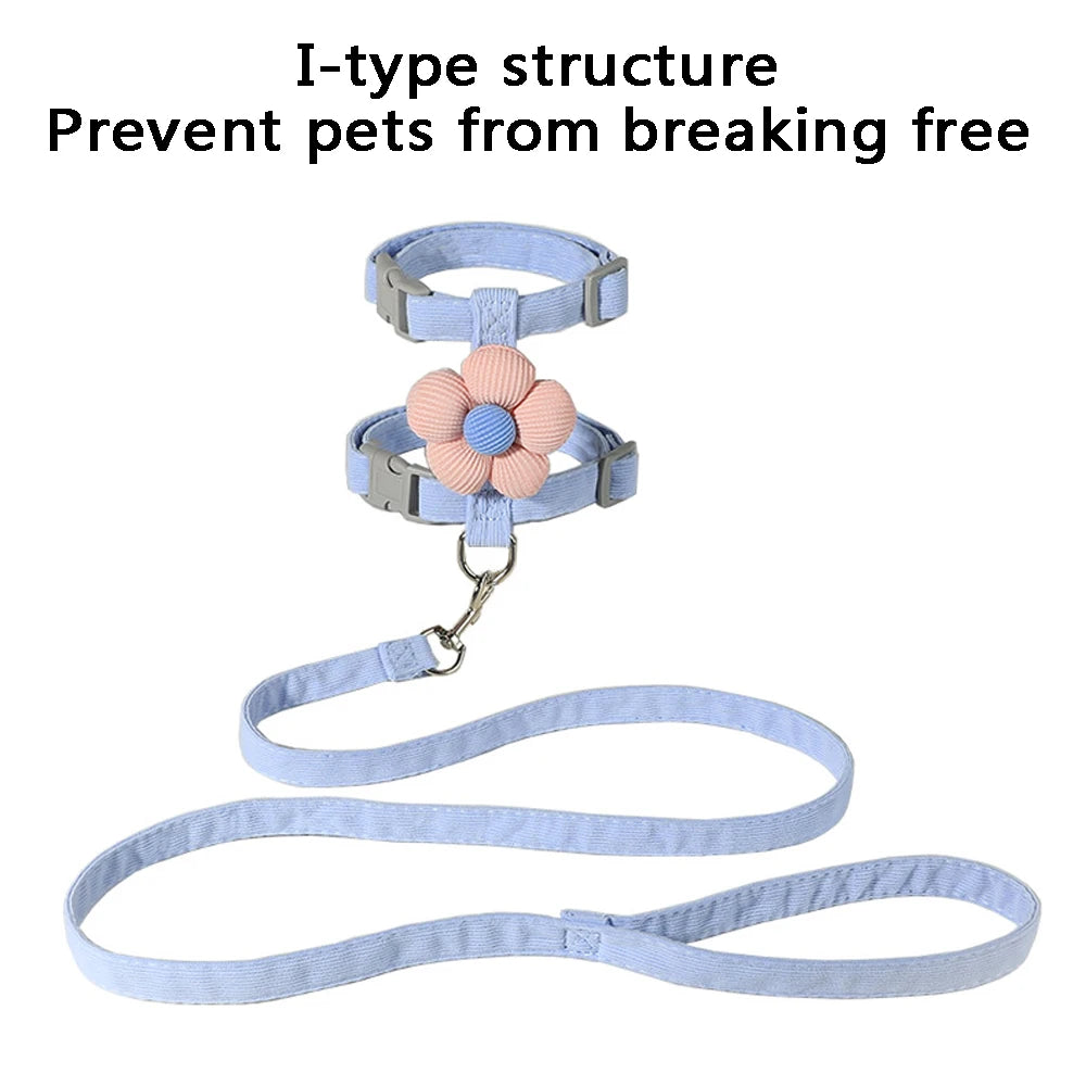 Adjustable small dog harness and leash set with cute flower design, breathable I-type structure pet traction accessories