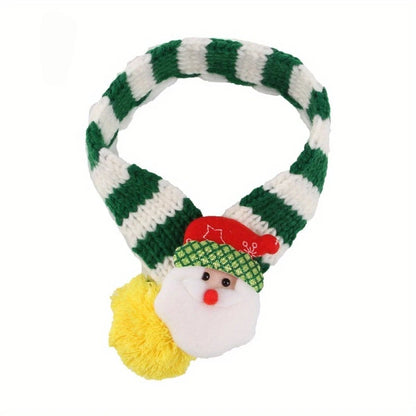 Green and white striped knit dog scarf with Santa Claus decoration and yellow pompom, festive pet accessory