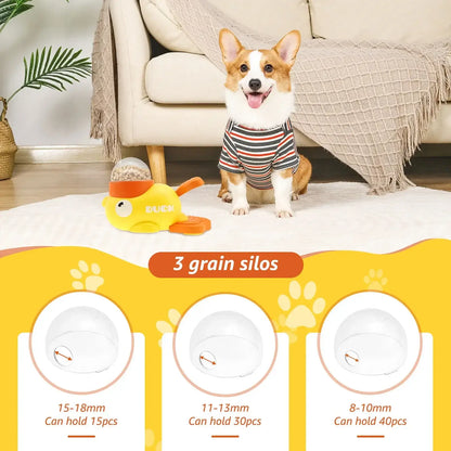 interactive slow feeder dog toy duck dispenser for dogs with 3 grain silos and corgi on rug
