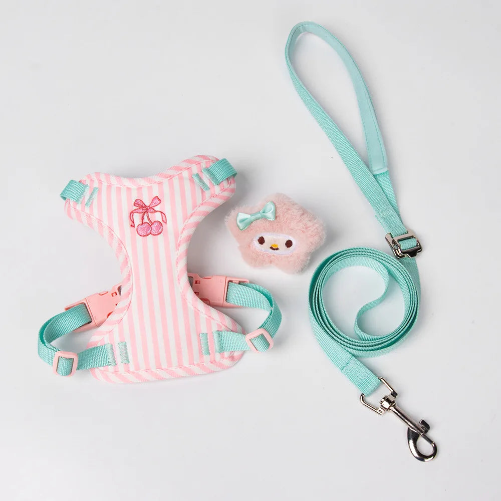 small dog harness leash set, pink striped adjustable vest harness with plush doll, cute walking accessory for small dogs