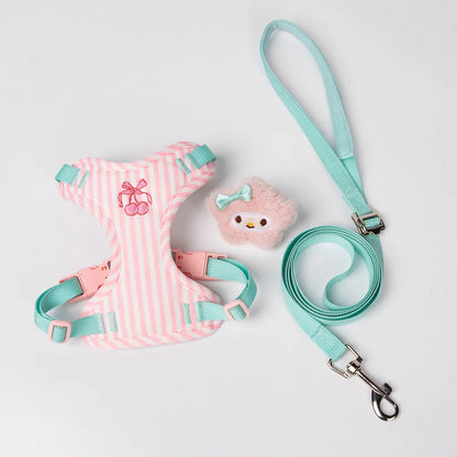 small dog harness leash set, pink striped adjustable vest harness with plush doll, cute walking accessory for small dogs