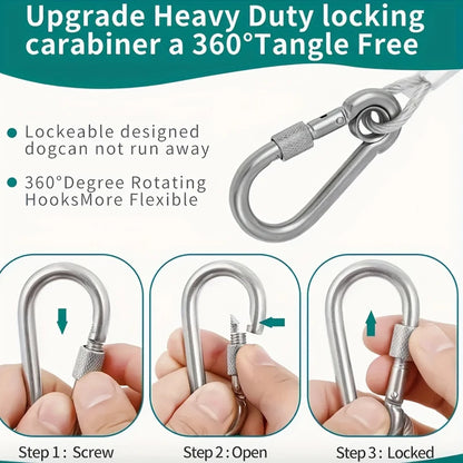 Upgrade Heavy Duty locking carabiner for dog tie out, tangle-free design with 360° rotating hooks.