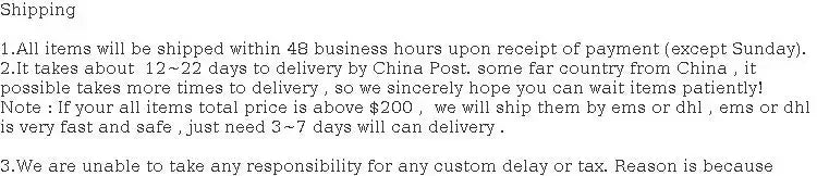 Shipping information for orders, including delivery times and options for items from China.