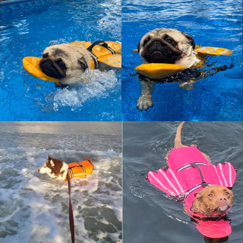 reflective adjustable dog life jacket for dogs swimming safely with enhanced buoyancy and bright visibility